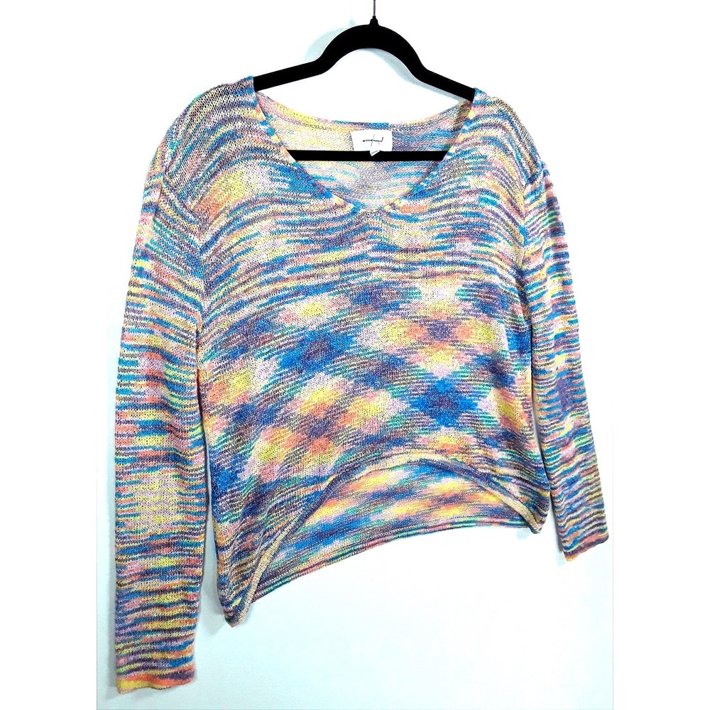 Rainbow Space Dye ikat Knit Sweater High Low V Neck Pastel Lollipop Cozy Kidcore